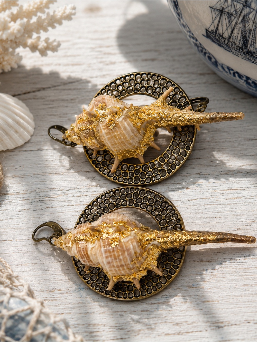 Handmade Seashell Earrings with Gold Leaf, Artist Design
